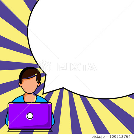 Man sitting at the table with laptop. Big white speech bubble for text overhead. Empty Dialog box on bright colored background. Vector drawing illustration. Man sitting at the table with laptop. Big white speech bubble for text overhead. Empty Dialog box on bright colored background. Vector drawing illustration. 100512764