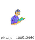 Old man reading interesting book.Person presenting mpotrant agenda.Main object on white background. Vector color illustration. Cartoon funny cute drawing. 100512960