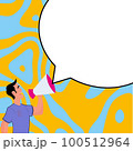 Man holding megaphone in hand and presenting important information. Big white dialog box with main message on bright background. Color vector illustration. 100512964