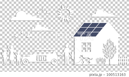 ソーラー発電の住まいと電池アイコンの車で叶える、エコな暮らしのイメージ 100513163