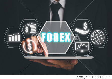 Forex trading, Person using tablet with Forex icon on VR screen on desk, Online investment. Business, internet and technology concept. 100513679