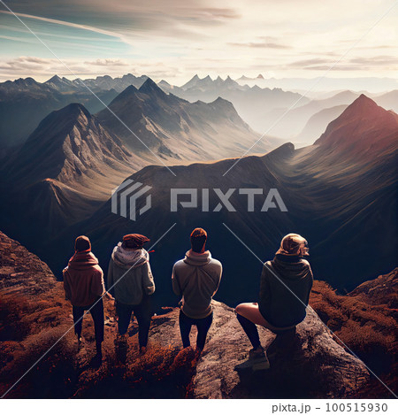 three people sitting on top of a mountain looking out at the valley below and mountains in the distance are covered with clouds three people sitting on top of a mountain looking out at the valley below and mountains in the distance are covered with clouds 100515930