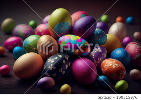 colorful easter eggs on a wooden table with flowers and leaves in the egg is surrounded by many smaller colored eggs 100515976