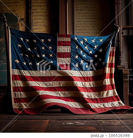 an american flag hanging on the side of a building that has been painted red, white and blue with stars 100516399