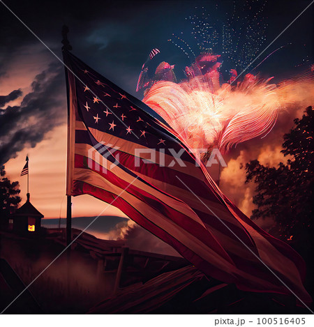 an american flag blowing in the wind with fireworks and smoke coming from behind it on a dark night sky background 100516405