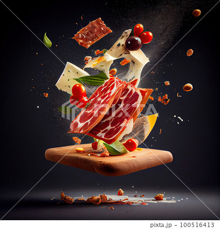 food flying out of a person's hand on a black background with space to the right and left side 100516413