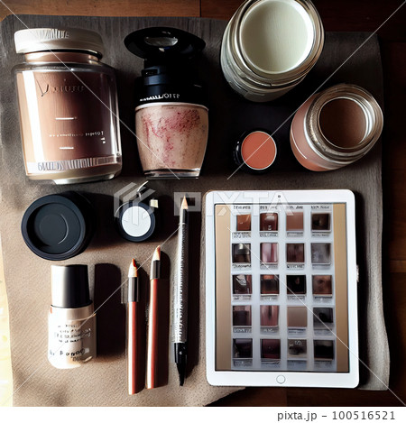 makeup and cosmetics on top of a wooden table next to an ipad, coffee mug, lip balknots, eyeliner makeup and cosmetics on top of a wooden table next to an ipad, coffee mug, lip balknots, eyeliner 100516521