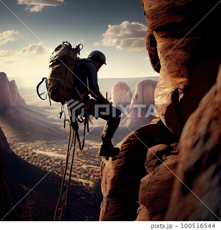 a man climbing up a mountain with a backpack on his back and the sun shining through the clouds in the background 100516544