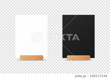 Vector 3d Realistic White and Black A4, A5 Vertical Blank Paper Sheet, Card on Wooden Holder, Stand. Design Template for Mockup, Menu Frame, Booklets. Acrylic Tent Card. Front View Vector 3d Realistic White and Black A4, A5 Vertical Blank Paper Sheet, Card on Wooden Holder, Stand. Design Template for Mockup, Menu Frame, Booklets. Acrylic Tent Card. Front View 100517248