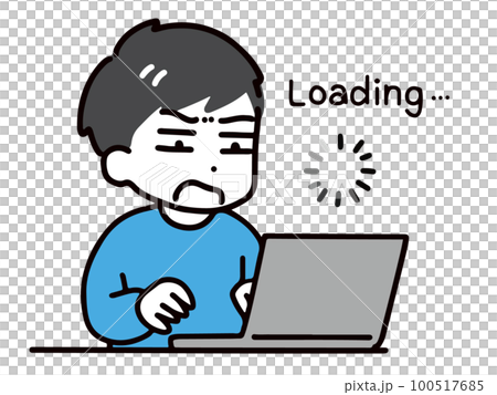 ネットが遅くてイライラしている私服の若い男性(上半身) ネットが遅くてイライラしている私服の若い男性(上半身) 100517685