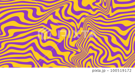 Retro groovy background. Vintage trippy psychedelic wallpaper. Purple yellow liquid hippie texture. Colorful wavy pattern for poster in 60s or 70s style. Vector 100519172