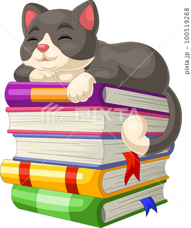 Cute cat cartoon sleeping on pile of books Cute cat cartoon sleeping on pile of books 100519268