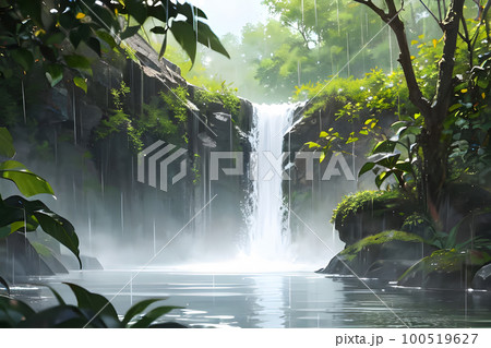 雨の降る森と小さな滝　梅雨　雨季 100519627