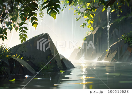 雨が降る日の森と川　梅雨　雨季 100519628