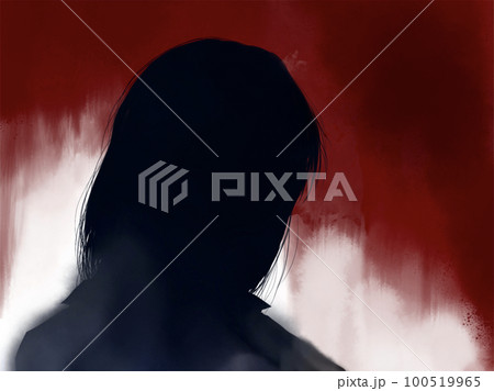 俯きネガティブで陰気オーラを放つ若い女性の切り絵風シルエットと血糊背景 100519965