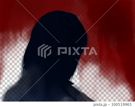 俯きネガティブで陰気オーラを放つ若い女性の切り絵風シルエットと血糊背景 100519965