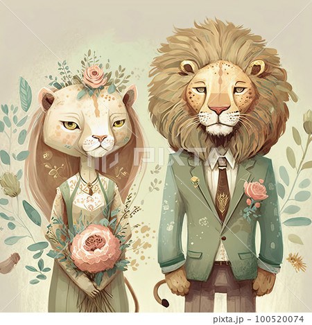 Lion bride and groom. Lovely wedding couple. Two cute animals. Just Married 100520074