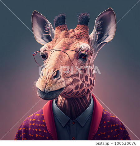Fashion giraffe in stylish cardigan and glasses. Teacher or student lifestyle portrait. Pop art modern style and lifestyle concept. Contemporary art, creative idea. AI 100520076
