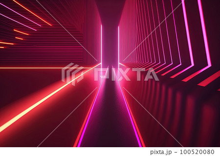 Wall with red and pink neon led light futuristic shapes on dark background. Abstract background with glow. 3D 100520080
