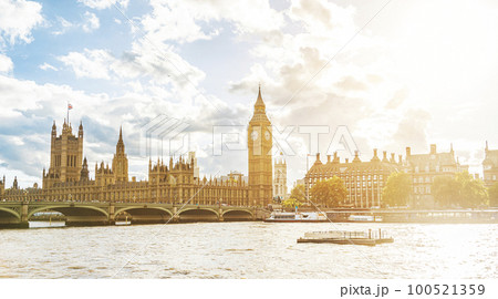 London UK Big Ben Westminster Parliament travel icon in british city cityscape at summer sunset, England, United Kingdom. Europe destination landscape background 100521359