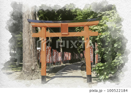 水彩画風 多賀大社 金咲稲荷神社 滋賀県犬上郡多賀町のイラスト素材