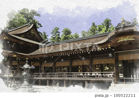 水彩画風　多賀大社　社殿　滋賀県犬上郡多賀町 100522211