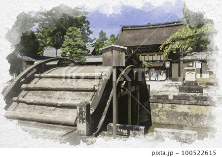 水彩画風 多賀大社 太閤橋と御神門 滋賀県犬上郡多賀町 水彩画風 多賀大社 太閤橋と御神門 滋賀県犬上郡多賀町 100522615