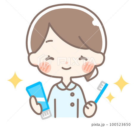 歯ブラシを持つ白衣の女性 100523650