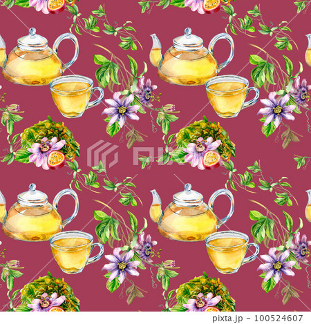 Glass teapot and cup, passion flower, stem watercolor seamless pattern isolated on magenta. 100524607