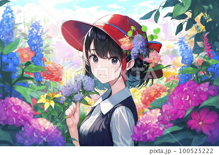 ファッションの カラフルで色とりどりの花に包まれた女性 赤い帽子が印象的「AI 絵画