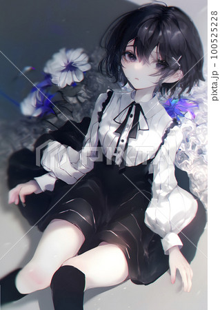 病みカワ少女　白い肌　花　可憐　水彩「AI生成画像」 100525228