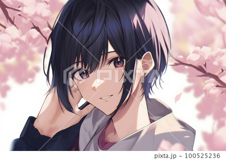 美男子　桜が満開の季節　卒業式　入学シーズン「AI生成画像」 100525236