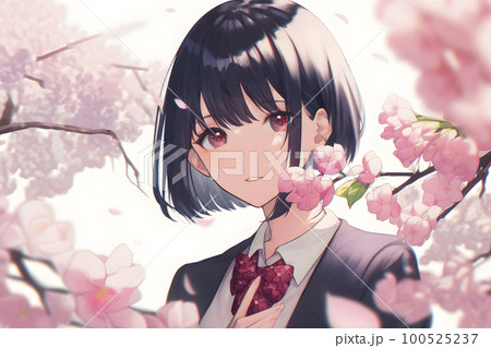 女子生徒　桜が満開の季節　卒業式　入学シーズン「AI生成画像」 100525237