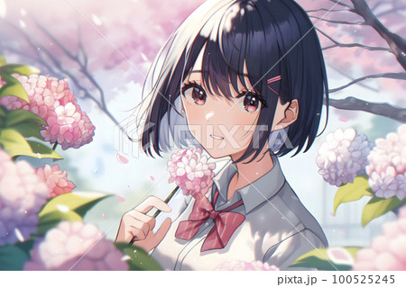 女子生徒　桜が満開の季節「AI生成画像」 100525245