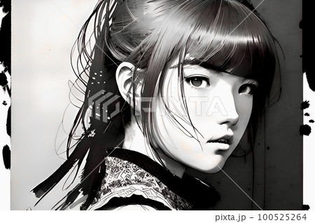 女の子 若い女性 モノクロ AI画像 AIイラストのイラスト素材