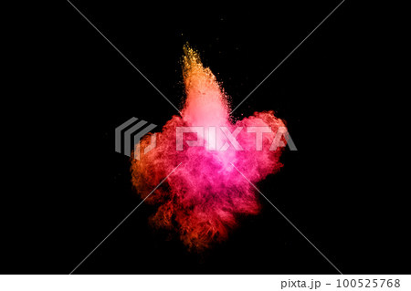 Explosion of pink colored powder isolated on black background.Pink dust splash. Explosion of pink colored powder isolated on black background.Pink dust splash. 100525768