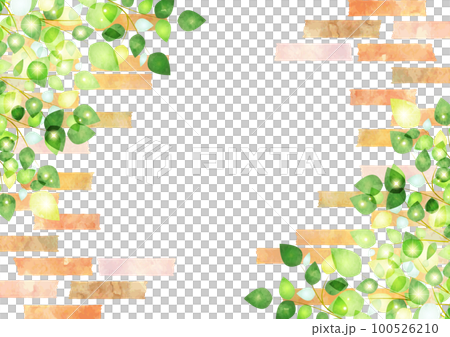 水彩風格鮮綠閃閃發光的葉子和水平磚對角線框 100526210