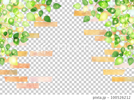 水彩風格的新鮮綠色閃閃發光的葉子和磚拱框架 100526212