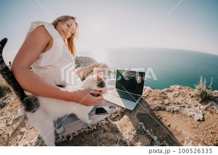 Woman sea laptop. Business woman petting cat and working on laptop by the sea. Close up on hands of pretty lady typing on computer outdoors summer day. Freelance, digital nomad and holidays concept. 100526335