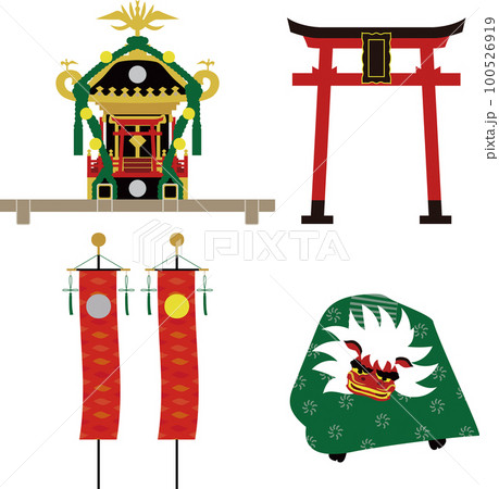 日本のお祭りの素材。鳥居・日月旗・神輿・獅子舞のイラスト 100526919
