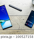 卓上に置かれたスマートフォンやタブレットを使って仕事をするビジネスマンの素材 100527158