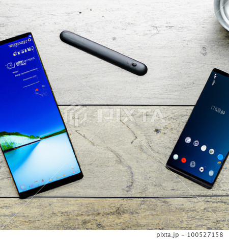 卓上に置かれたスマートフォンやタブレットを使って仕事をするビジネスマンの素材 卓上に置かれたスマートフォンやタブレットを使って仕事をするビジネスマンの素材 100527158