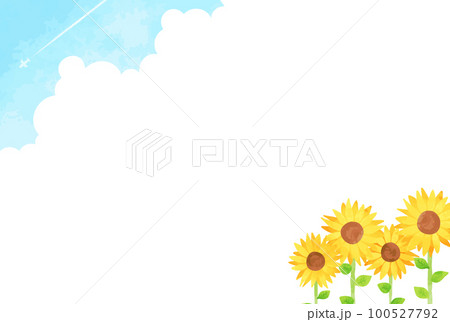 シンプルな手描きのヒマワリと青空の風景イラスト 100527792