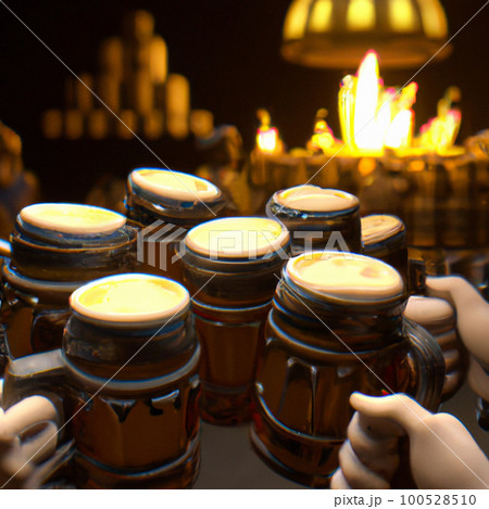 ビールパーティー：ビール好きの友人たちが集まって楽しい時間を過ごす様子を描いた画像 100528510