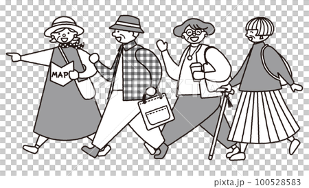 Monochrome illustration of a fashionable senior walking happily 100528583