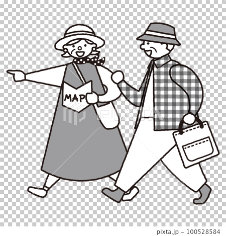Monochrome illustration of a fashionable senior couple walking happily Monochrome illustration of a fashionable senior couple walking happily 100528584