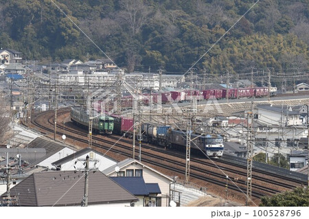 東海道本線　山科大カーブを行く　下り高速貨物列車 100528796