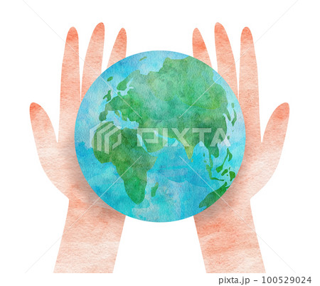 地球と両手の水彩画イラスト/アースデー/アフリカ大陸/ユーラシア大陸  