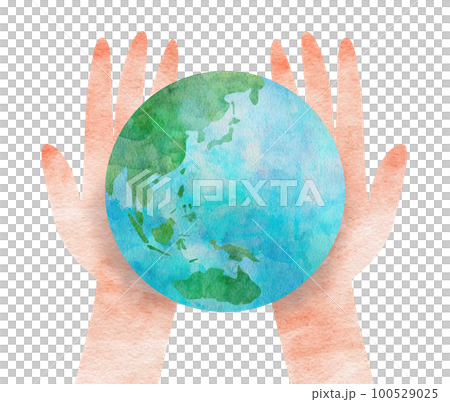 Watercolor illustration of the earth and two hands / Earth Day / Asia / Australia Watercolor illustration of the earth and two hands / Earth Day / Asia / Australia 100529025