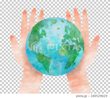 地球と両手の水彩画イラスト/アースデー/アフリカ大陸/ヨーロッパ大陸  